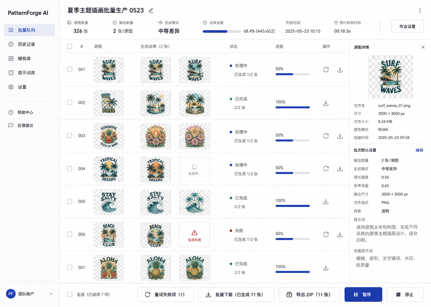 PatternForge AI 批量创作工作台中的 POD 设计预览